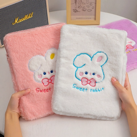 Borsa Per Tablet In Peluche Ricamo Coniglio Carino Custodia Laptop Antiurto Protezione Con Cerniera Per Ragazze