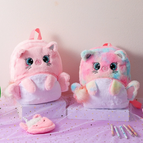 Kids Plush Backpack Cartoon Cat Unicorn Face Soft Fuzzy Schoolbag With Wings Sequins For Girls Sweet Gift
