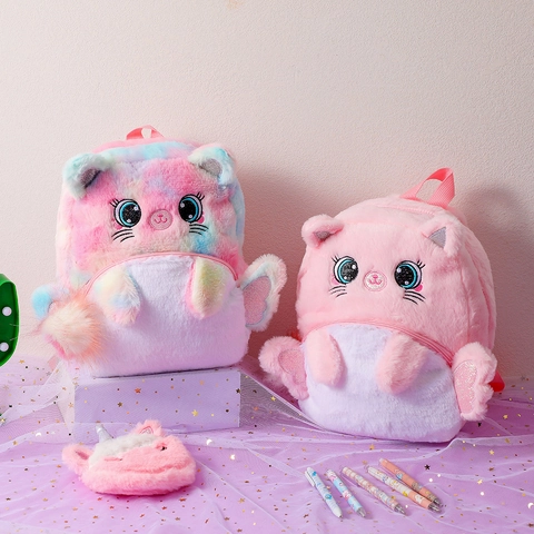 Kids Plush Backpack Cartoon Cat Unicorn Face Soft Fuzzy Schoolbag With Wings Sequins For Girls Sweet Gift
