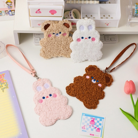 Cute Cartoon Animal Plush Card Holder Lanyard Soft Sherpa Bear Bunny Bus Access Card Sleeve For Girls Student Bag Accessory