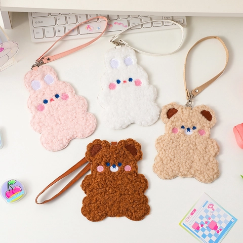 Cute Cartoon Bear Rabbit Plush Card Holder With Leather Strap Soft Sherpa ID Badge Sleeve For Girls Students Portable Bus Card Cover