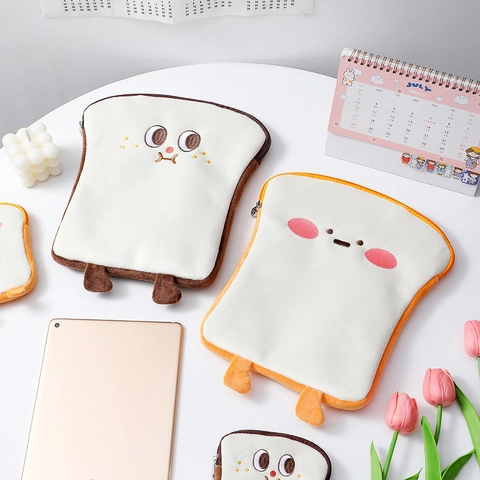 Cute Cartoon Toast Bread Plush Tablet Laptop Sleeve Protective Inner Bag For Women Girls School Students Office Travel Use