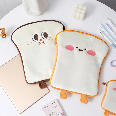 Custodia Protettiva Per Tablet In Peluche A Forma Di Pane Tostato Cartone Animato Con Cerniera Ricamata Per Studenti