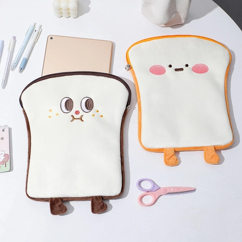 Custodia Protettiva Per Tablet In Peluche A Forma Di Pane Tostato Cartone Animato Con Cerniera Ricamata Per Studenti