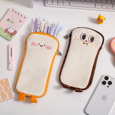 Schattige Geroosterd Brood Vorm Pluche Etui Grote Capaciteit Cartoon Pennenzak Met Poten Voor Studenten Kinderen Schoolbenodigdheden