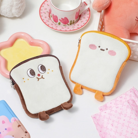 Cute Cartoon Toast Bread Plush Coin Purse Zipper Small Storage Bag For Earphones Sanitary Napkins Women Girls Daily Wallet