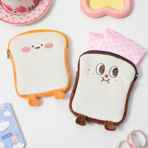 Cute Cartoon Toast Bread Plush Coin Purse Zipper Small Storage Bag For Earphones Sanitary Napkins Women Girls Daily Wallet