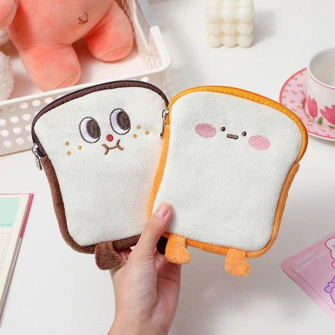 Cartoon Toast Pluche Cosmetische Opbergtas Schattig Geborduurde Broodzak Voor Maandverband Portemonnee Reisorganisator Voor Dames Studenten