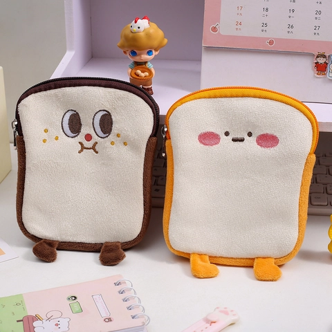 Cartoon Toast Pluche Cosmetische Opbergtas Schattig Geborduurde Broodzak Voor Maandverband Portemonnee Reisorganisator Voor Dames Studenten