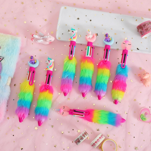 Kawaii Unicorn Multi Color Ballpoint Pen Rainbow Plush Barrel Cartoon Moon Topper Cute Stationery For Kids Students