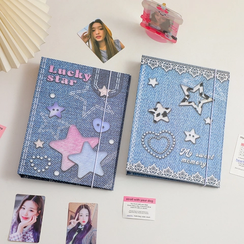 A5 Porta Tarjetas De Fotos Álbum De Fotos Textura De Mezclilla 6 Anillos Carpeta De Hojas Sueltas Estrella Corazón