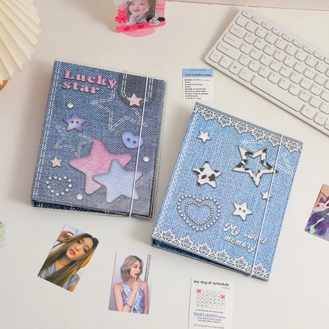 Retro Denim Texture A5 Loose-leaf Photocard Album 6 Ring Binder Photo Card Collection Book With Elastic Strap For Students