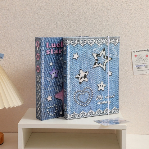 A5 Porta Tarjetas De Fotos Álbum De Fotos Textura De Mezclilla 6 Anillos Carpeta De Hojas Sueltas Estrella Corazón