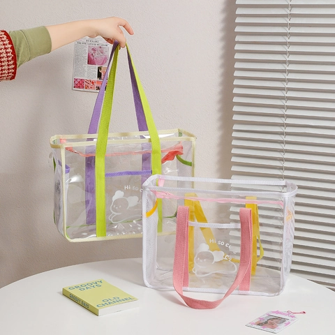 Transparente PVC Mesh Jelly Tragetasche Reißverschluss Große Kapazität Strand Schultertasche Cartoon Druck Frauen Sommer