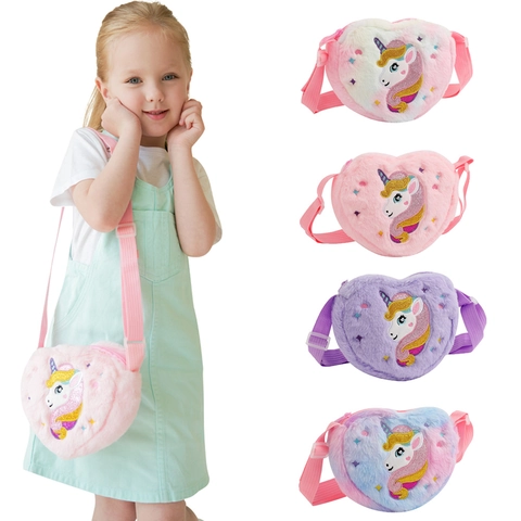 Borsa A Tracolla In Peluche A Forma Di Cuore Unicorno Per Ragazze Con Ricamo Di Paillettes Tracolla Regolabile Morbida
