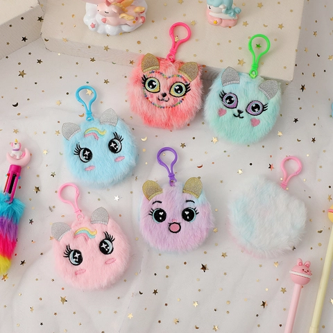 Mini Round Plush Notebook Keychain Cartoon Big Eyes Portable Furry Pocket Journal Cute Stationery For Kids Girls