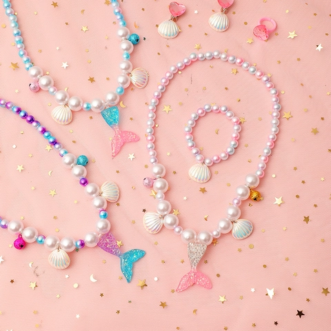 Gioielli Sirena Collana Perline Bracciale Orecchini Cuore Anello Borsa Coda Paillettes Per Ragazze Perla Artificial Plastica Tema Oceano Sogno