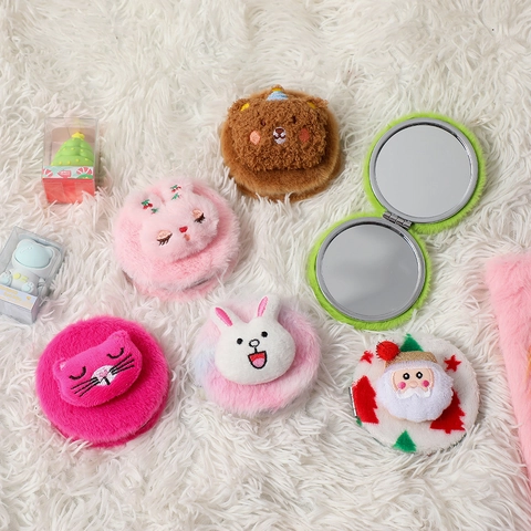 Portable Cartoon Plush Folding Makeup Mirror Cute Animal Round Handheld Pocket Beauty Tool For Travel Girls Gift