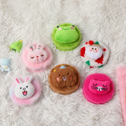 Portable Cartoon Plush Folding Makeup Mirror Cute Animal Round Handheld Pocket Beauty Tool For Travel Girls Gift