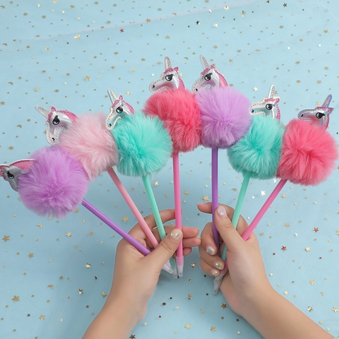 Unicorn Pom Pom Ballpoint Pen With Plush Fur Ball And Laser Unicorn Head Creative Stationery Gift For Students