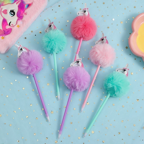 Unicorn Pom Pom Ballpoint Pen With Plush Fur Ball And Laser Unicorn Head Creative Stationery Gift For Students