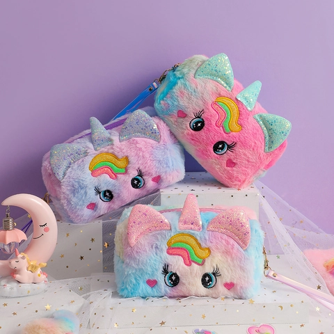 Einhorn Plüsch Kosmetiktasche Regenbogen Farbverlauf Pailletten Weiche Reise Kulturbeutel Handtasche Für Mädchen Studenten