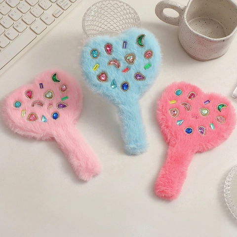 Heart Shaped Handheld Makeup Mirror Plush Faux Fur With Colorful Rhinestones Portable Cute Cosmetic Tool For Girls