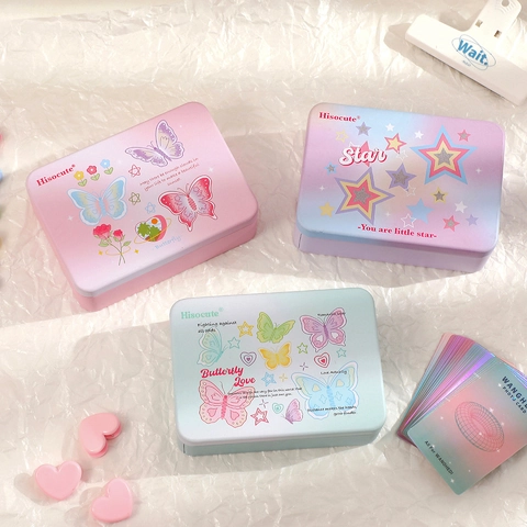 Rectangular Tinplate Storage Container With Lid Metal Desktop Organizer Butterfly Pattern For Stationery Cards Sweet Style