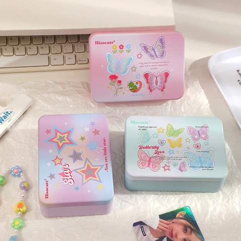 Rectangular Tinplate Storage Container With Lid Metal Desktop Organizer Butterfly Pattern For Stationery Cards Sweet Style