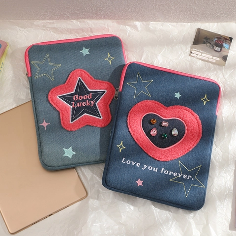 Denim Tablet Sleeve Cute Plush Heart Star Embroidery iPad Case For Women Girls Students Portable Shockproof Zipper Pouch