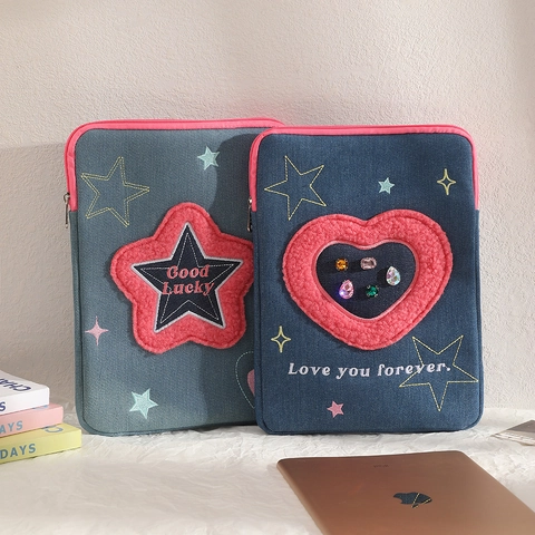 Funda para Tableta de Mezclilla para Mujer Estuche iPad Bordado Estrella Corazón Strass Protectora Antigolpes para Escuela Oficina