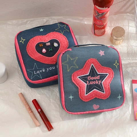 Denim Make-up Tasche Plüsch Herz Stern Stickerei Strass Tragbare Reise Kulturbeutel Für Mädchen