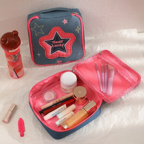Denim Make-up Tasche Plüsch Herz Stern Stickerei Strass Tragbare Reise Kulturbeutel Für Mädchen