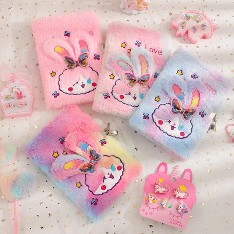 Plush Rabbit Notebook With Lock Cute Faux Fur Diary Secret Journal For Girls Cartoon Embroidery Sequins Gift