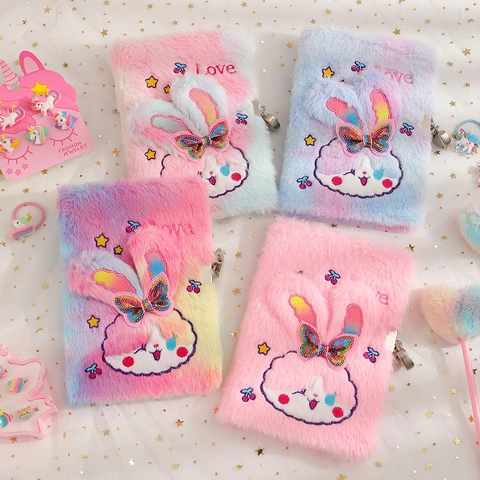 Plush Rabbit Notebook With Lock Cute Faux Fur Diary Secret Journal For Girls Cartoon Embroidery Sequins Gift