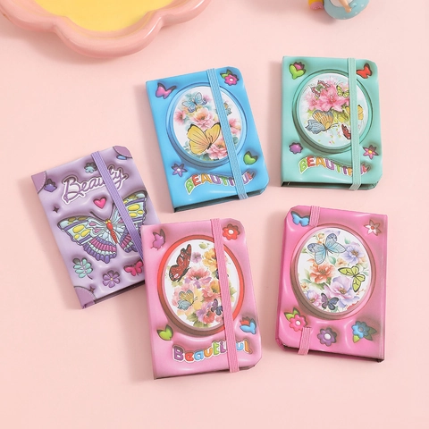 Mini Taccuino Da Tasca Copertina Morbida Pelle PU Farfalla Floreale 3D Puffy Diario Journal Fascia Elastica Pagine Righe Cancelleria