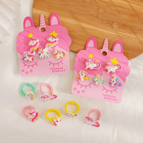 Kids Hair Ties And Clips Cartoon Unicorn Resin Elastic Hairbands Glitter Macaron Colors For Toddler Girls Daily Wear