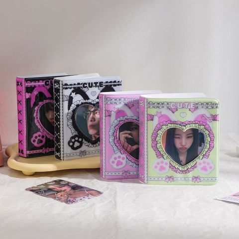 Kawaii 3 Inch Photo Album PVC Card Binder Heart Cutout Kpop Small Card Storage Book With Lace Bow Cat Paw For Students