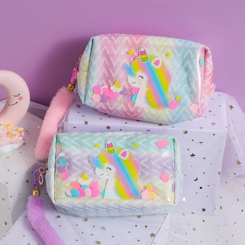 Astuccio per Matite con Paillettes Unicorno Arcobaleno Sfumato Grande Capacità Borsa da Trucco con Coda di Peluche per Studenti Bambini Regalo