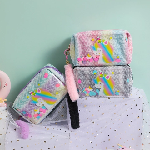 Astuccio per Matite con Paillettes Unicorno Arcobaleno Sfumato Grande Capacità Borsa da Trucco con Coda di Peluche per Studenti Bambini Regalo