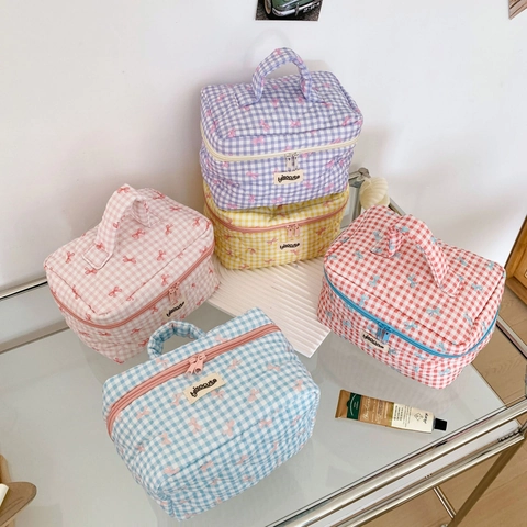 Quilted Checkered Makeup Bag Cotton Bowtie Handle Large Capacity Cosmetic Toiletry Storage Pouch For Women Travel Daily Organizer