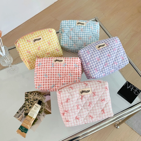 Gesteppte Baumwolle Kosmetiktasche Karomuster Schleife Tragbare Make-up Aufbewahrungstasche Reißverschluss Reise Organizer