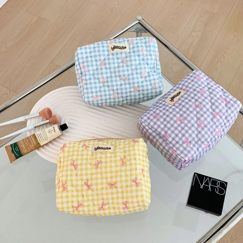 Gesteppte Baumwolle Kosmetiktasche Karomuster Schleife Tragbare Make-up Aufbewahrungstasche Reißverschluss Reise Organizer
