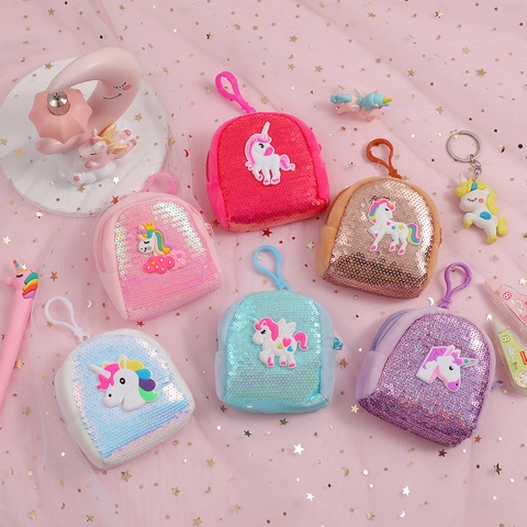 Cartoon Unicorn Sequin Coin Purse Mini Backpack Keychain Hook Bag Charm Plush Storage Pouch For Kids Gift