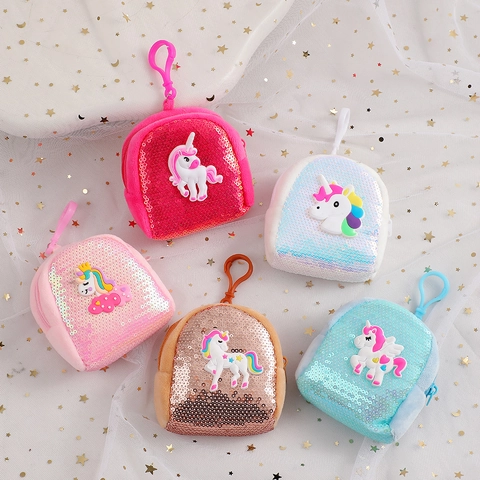 Cute Cartoon Unicorn Sequin Coin Purse Kids Plush Mini Backpack Keychain Pendant Bag Shiny Earphone Storage Pouch For Girls Wallet