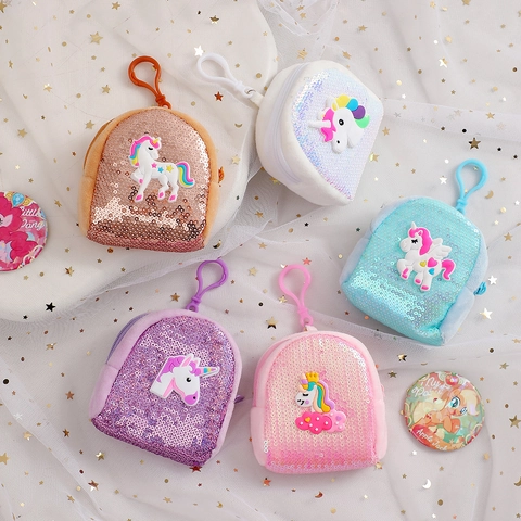 Cartoon Unicorn Sequin Coin Purse Mini Backpack Keychain Hook Bag Charm Plush Storage Pouch For Kids Gift