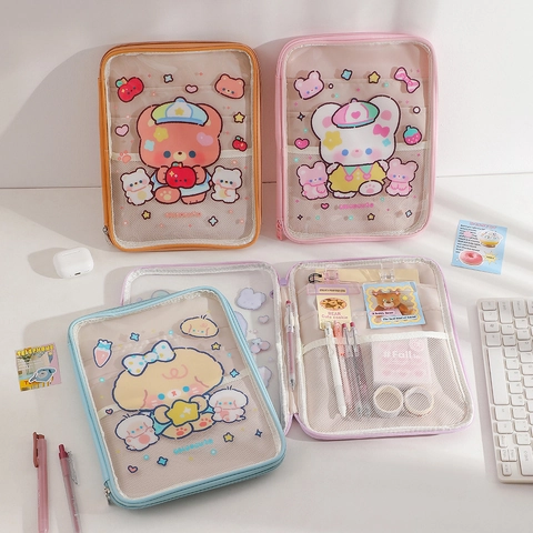 Cartoon Transparent PVC Tablet Sleeve Case For 11 Inch iPad Cute Animal Bear Pattern Multi Compartment Storage Bag Women