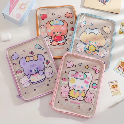 Cartoon Transparent PVC Tablet Sleeve Case For 11 Inch iPad Cute Animal Bear Pattern Multi Compartment Storage Bag Women