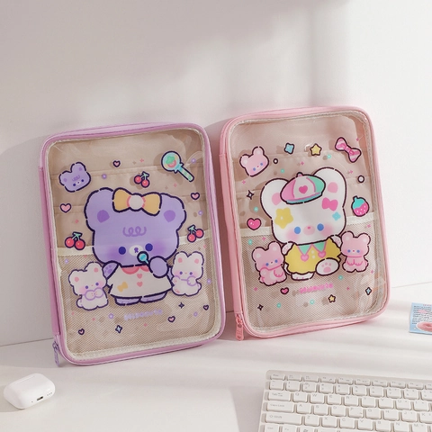 Cartoon Bear Tablet Sleeve Bag Transparent PVC Mesh Multi Layer Zipper Case For Students Girls Kawaii Cute