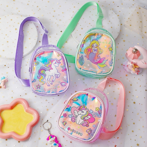 Kids Girls Cartoon Unicorn Mermaid Laser Holographic PVC Chest Crossbody Bag Adjustable Strap Cute Transparent